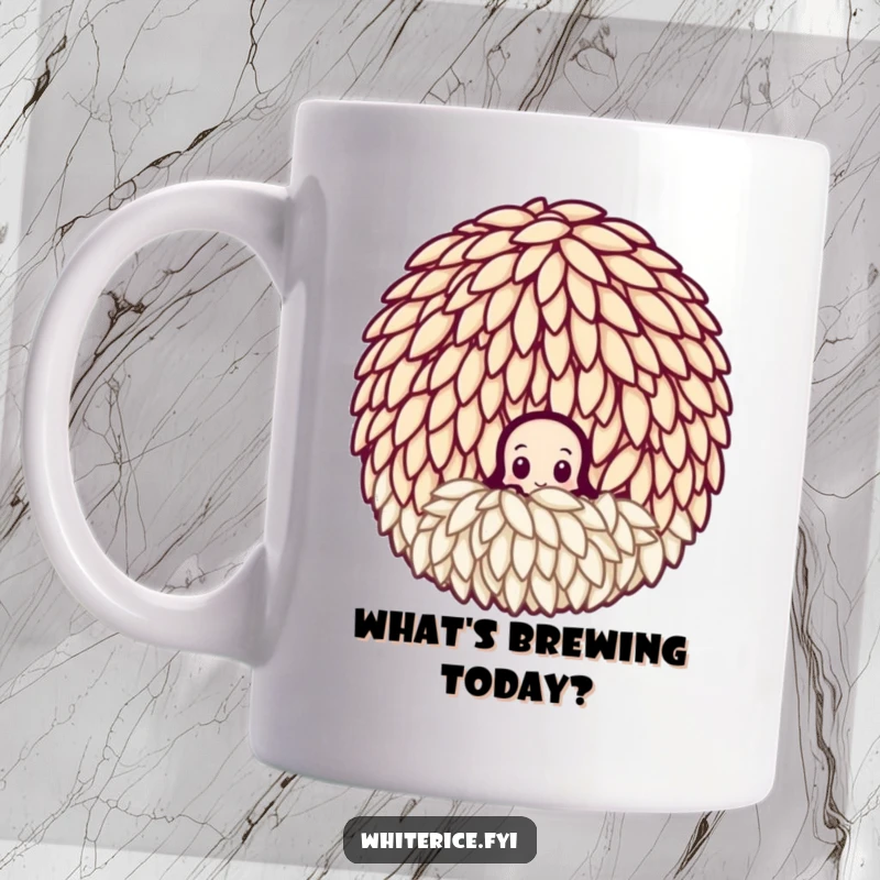 Funny curious rice grain mug, peeking from a cluster, embodying a sense of wonder and playful observation.