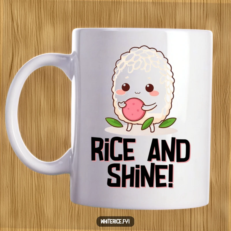 Funny Rice Mug: A determined grain of rice proudly pushing a tiny radish slice, showcasing perseverance and a funny teamwork.