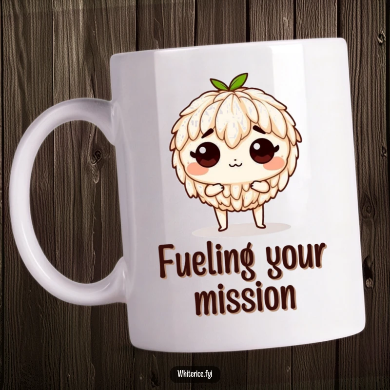 Funny determined rice character mug, ready to be eaten, embodying a humorous acceptance of culinary fate.