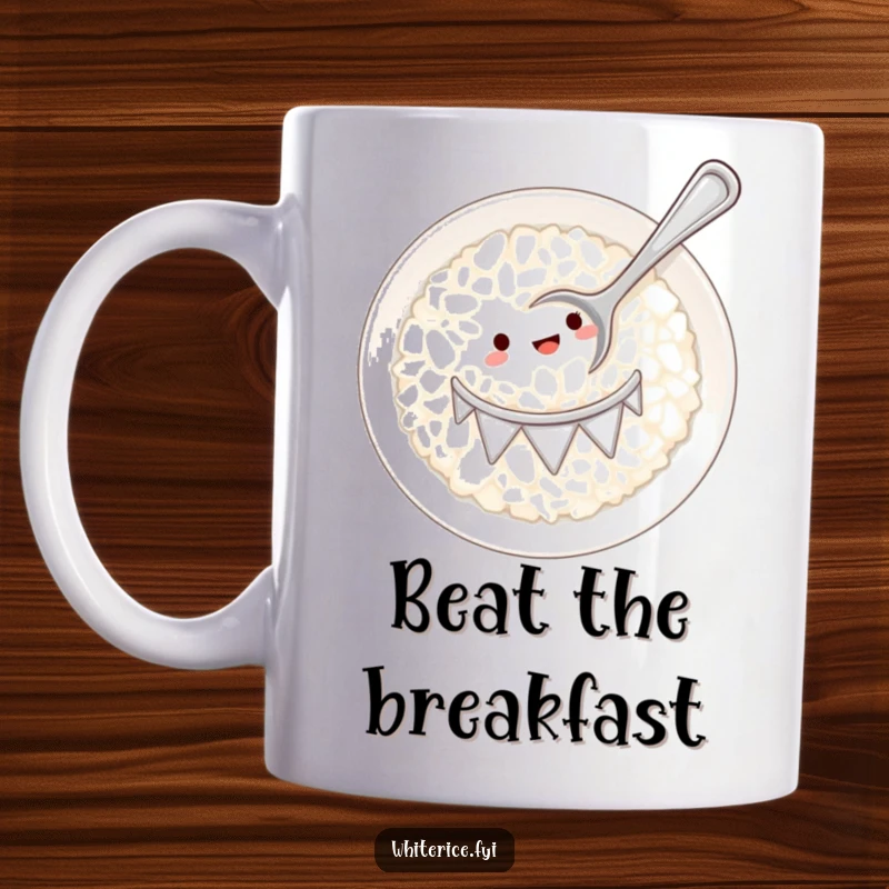 Funny white rice plate drum and tiny spoon mug design, depicting a playful musical moment for humorous enjoyment.