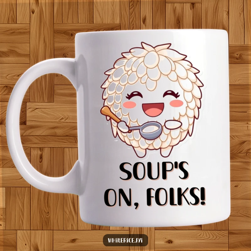 Funny mug featuring a joyful rice character with a huge smile holding a tiny ladle, ready to cook up joy.