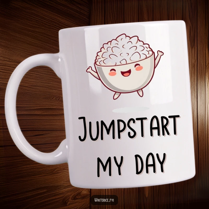 Funny mug depicting a cheerful bowl of white rice in a playful jump, full of energy.
