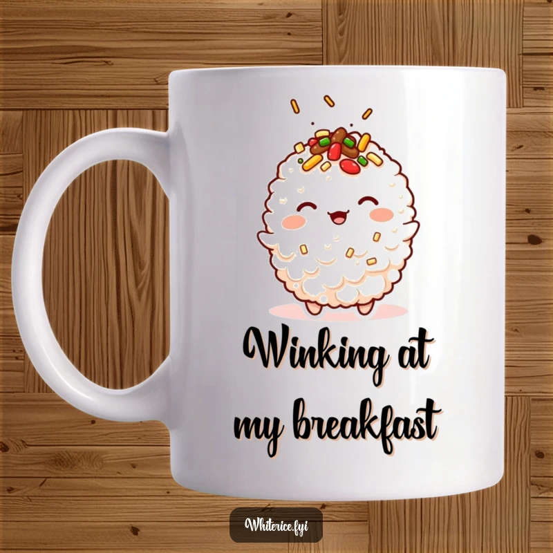 Funny kawaii fried rice character winking playfully, adorned with toppings, on a cheerful mug.
