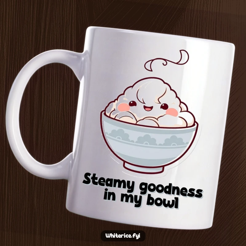 Funny Kawaii rice bowl mug with a happy character and a fluffy steam cloud, looking utterly content and radiating joy, a perfect gift.