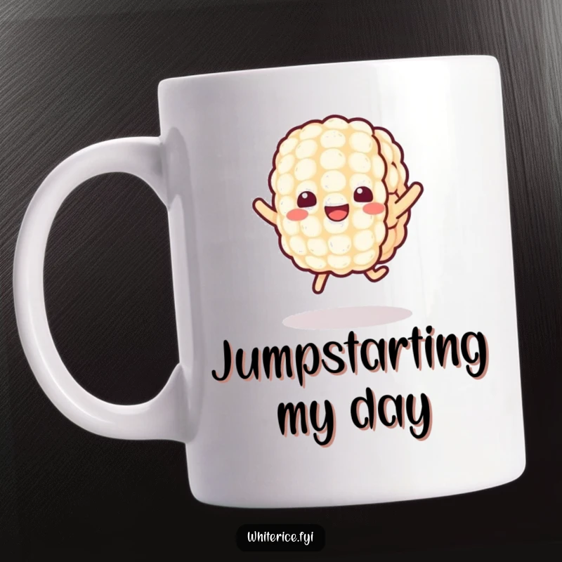 Funny Kawaii Rice Mug showing a cheerful, smiling rice grain character mid-jump, radiating pure joy and playful energy for your daily brew.