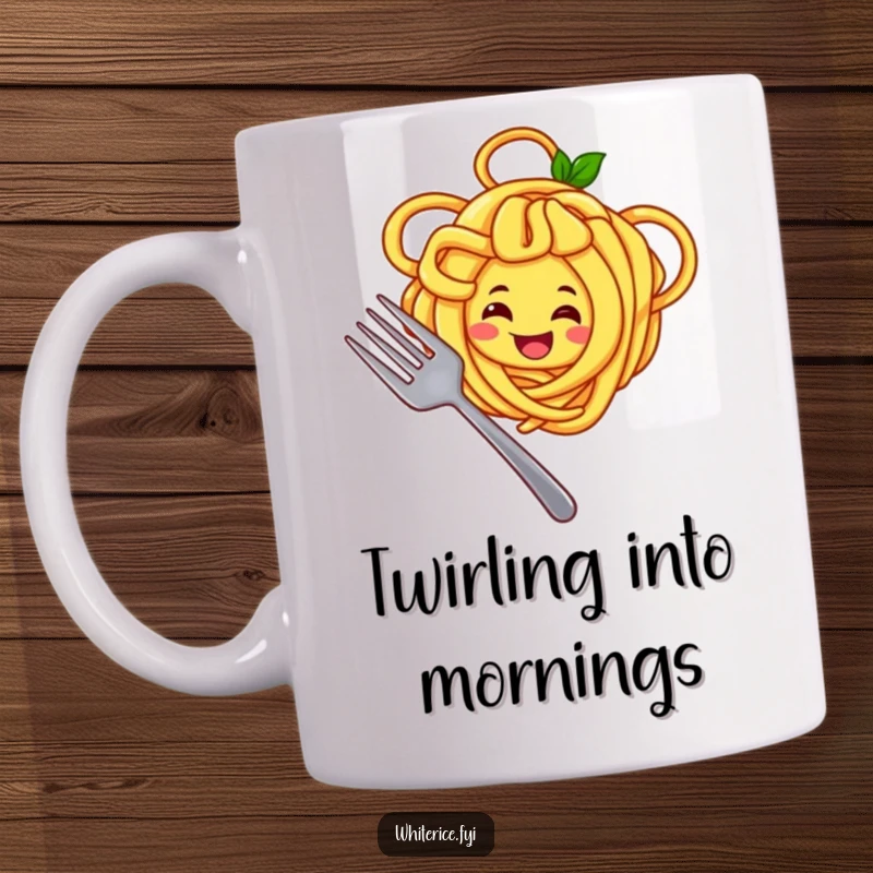 Funny noodle mug with a joyful yellow character wide smiling and twirling noodles around a fork, a celebration of food.