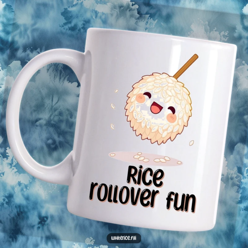 Funny Rice Mug: A playful grain of rice doing a somersault near a chopstick, showcasing agility and a humorous take on dining.