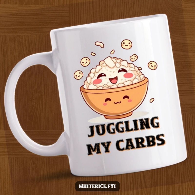 Funny mug featuring a giggling, stylized bowl of rice character happily juggling several smiling individual grains of rice.