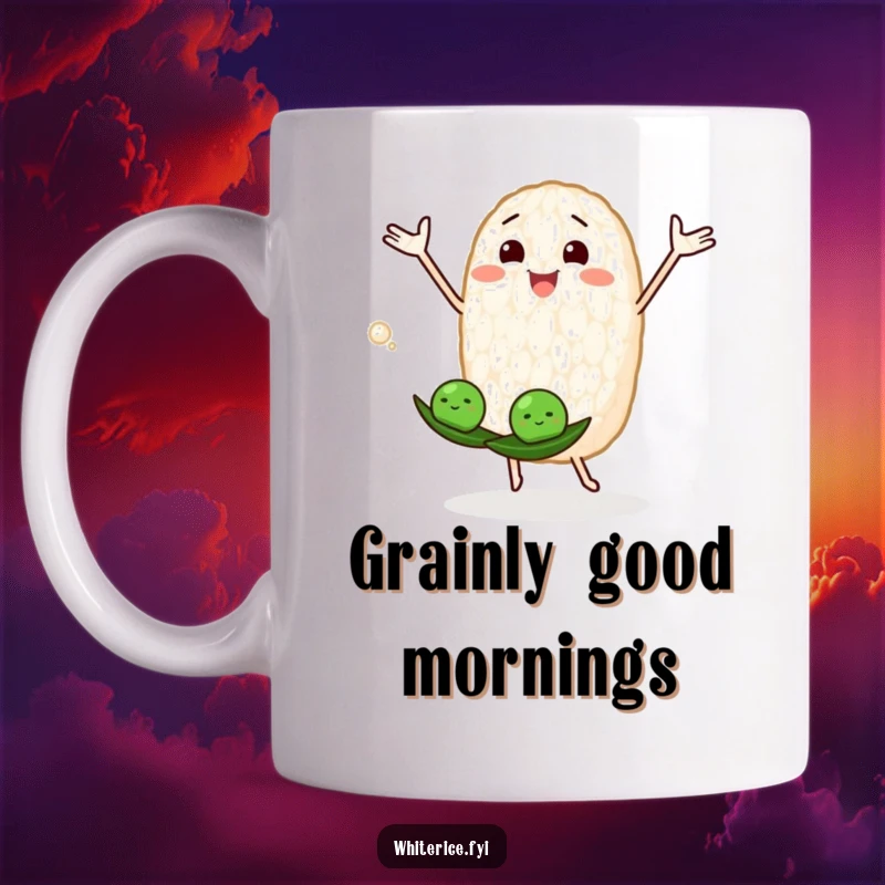 Funny mug showing a joyous rice grain character skillfully juggling three tiny peas, a whimsical scene.