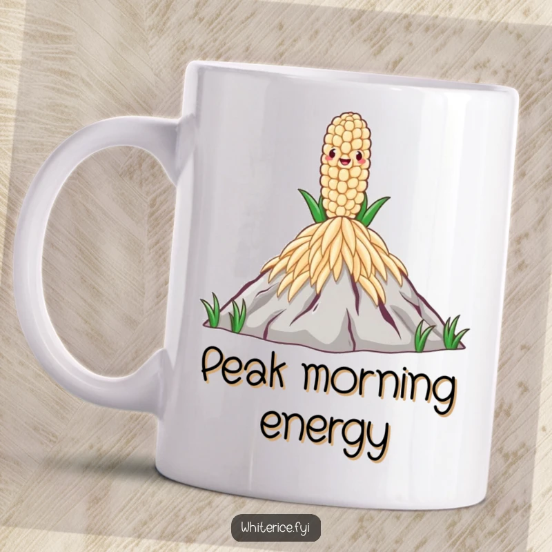 Funny Rice Grain Mug displaying a proud, standing rice grain on a peak of rice, symbolizing accomplishment and determination.