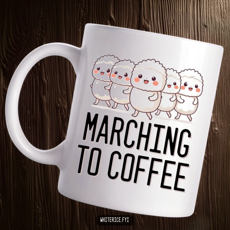 Funny mug showing a cheerful group of white rice characters marching in a neat, orderly line with smiles.