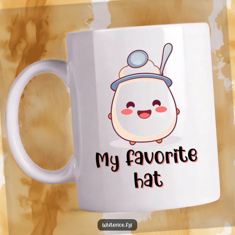 Funny mug featuring a jovial rice pudding character wearing a tiny spoon as a hat, spreading laughter and joy with its unique design.