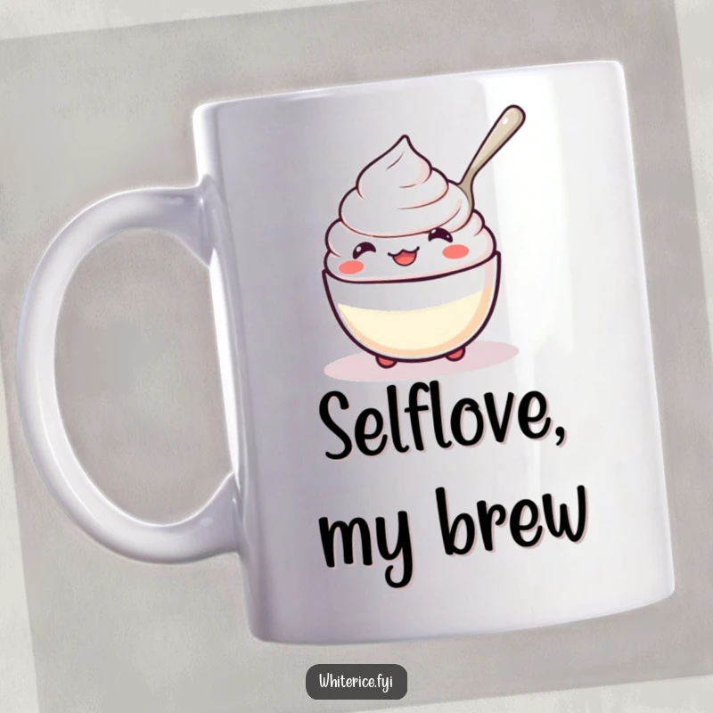 Funny kawaii rice pudding mug, character happily spooning itself, symbolizing self-love and comfort.
