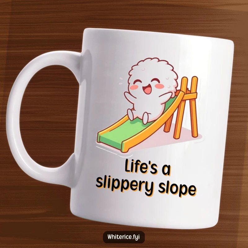 Funny mug showing a giggling white rice character joyfully sliding down a miniature slide, capturing a moment of pure, playful fun and laughter.