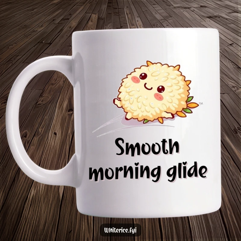 Funny mug featuring a playful rice character gracefully sliding down a smooth surface, capturing motion and joy.