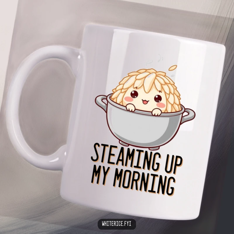 Funny mug with a curious rice grain character peeking out from a steaming pot, showing off its delightful and playful personality.