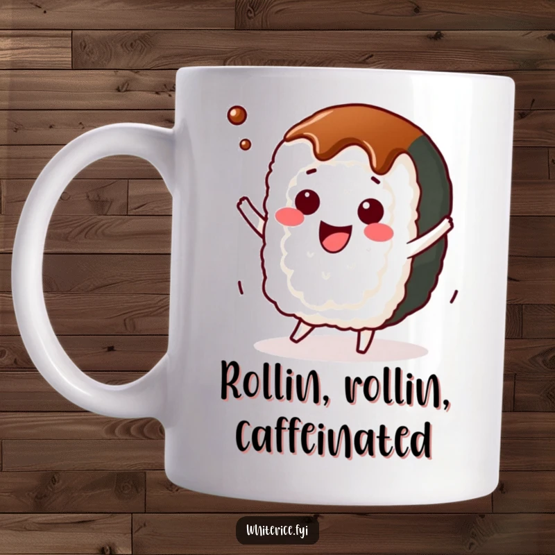 Funny sushi roll mug with kawaii character dancing joyfully, soy sauce drizzling, perfect for food lovers.