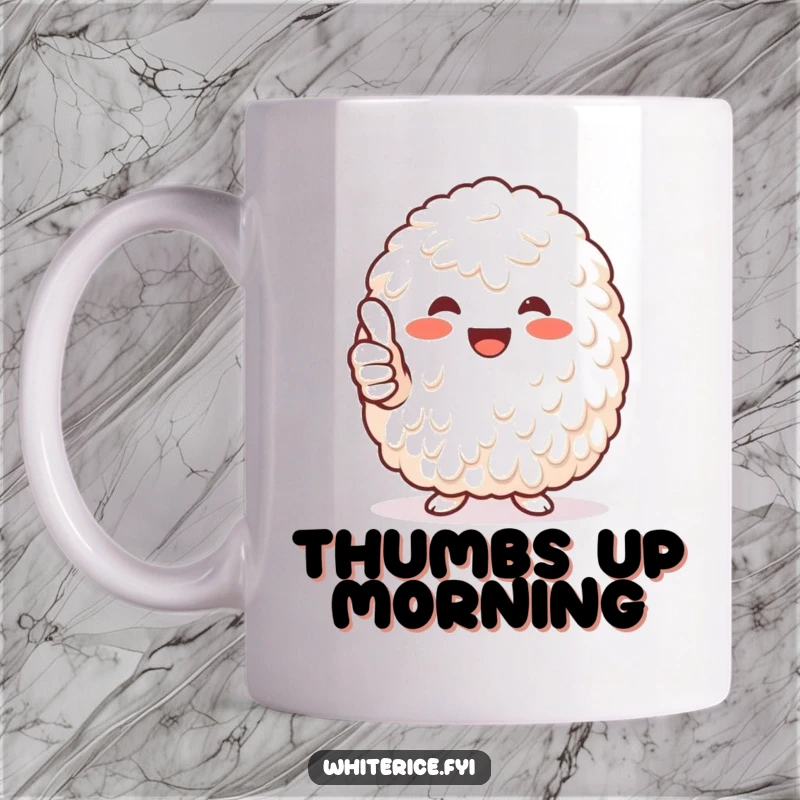 Funny heap of white rice giving a cheerful thumbs-up mug, radiating happiness and positivity.