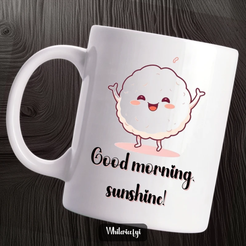 Funny mug featuring a happy glob of sticky white rice dancing cheerfully. A delightful gift for foodies and dancers.
