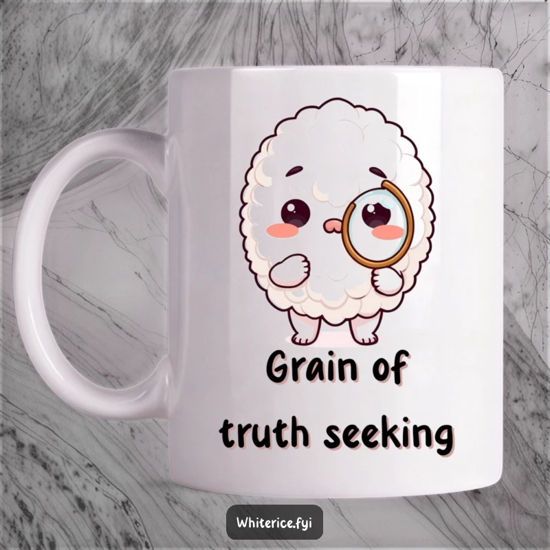 Funny mug featuring a curious white rice character examining a tiny detail with a magnifying glass, perfect for foodies.