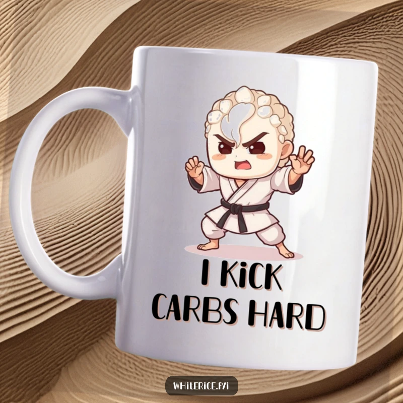 Funny mug featuring a tiny grain of rice performing a dramatic martial arts pose with delighted determination.