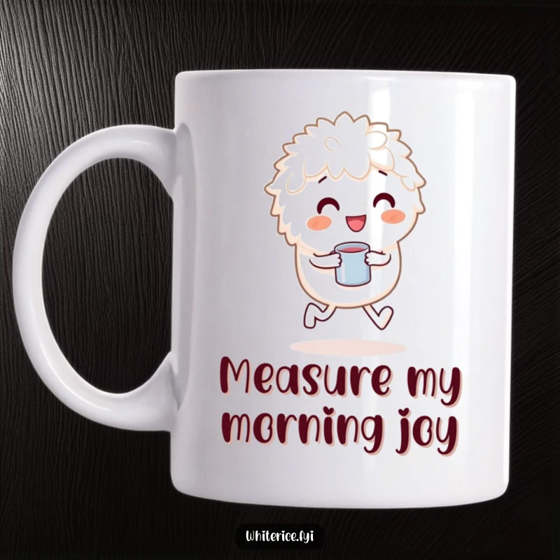 Funny mug featuring a playful white rice character skipping happily holding a tiny measuring cup.