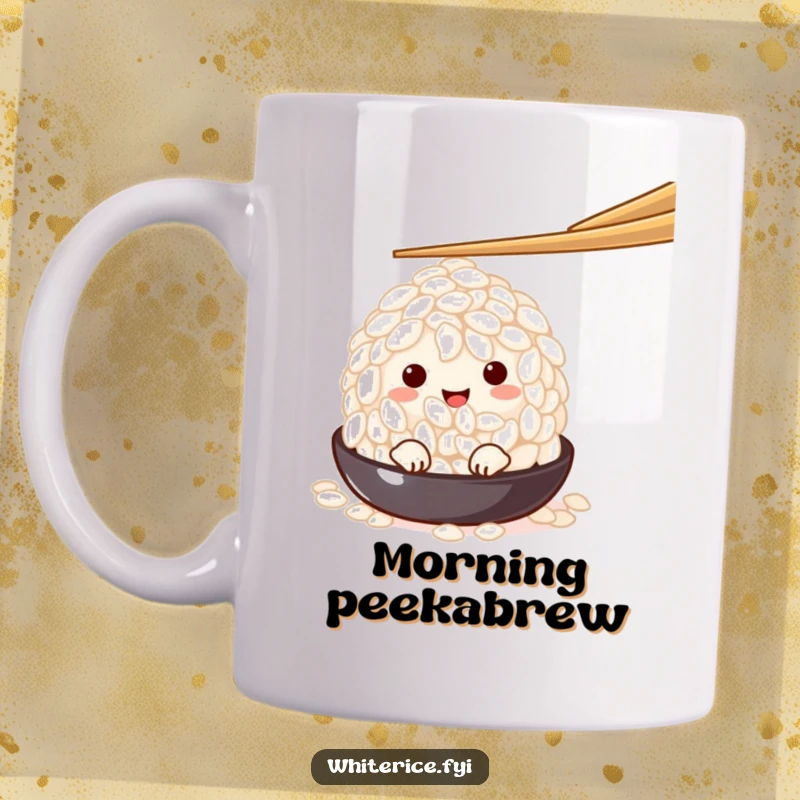 Funny charming white rice grain character peeking shyly from under a chopstick on a mug, embodying adorable curiosity and food fun.