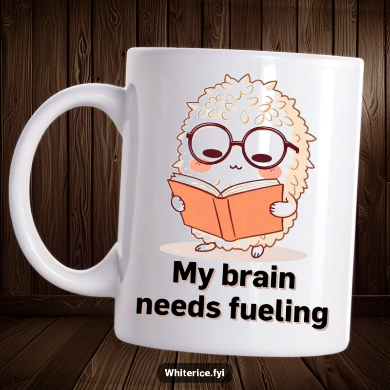 Funny rice mug shows a bewildered ball of rice character wearing tiny glasses, intently reading a large book, a smart and cute design.
