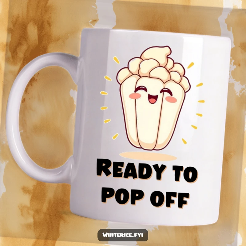 Funny kawaii popcorn kernel character excitedly popping with a wide, happy grin on a mug.