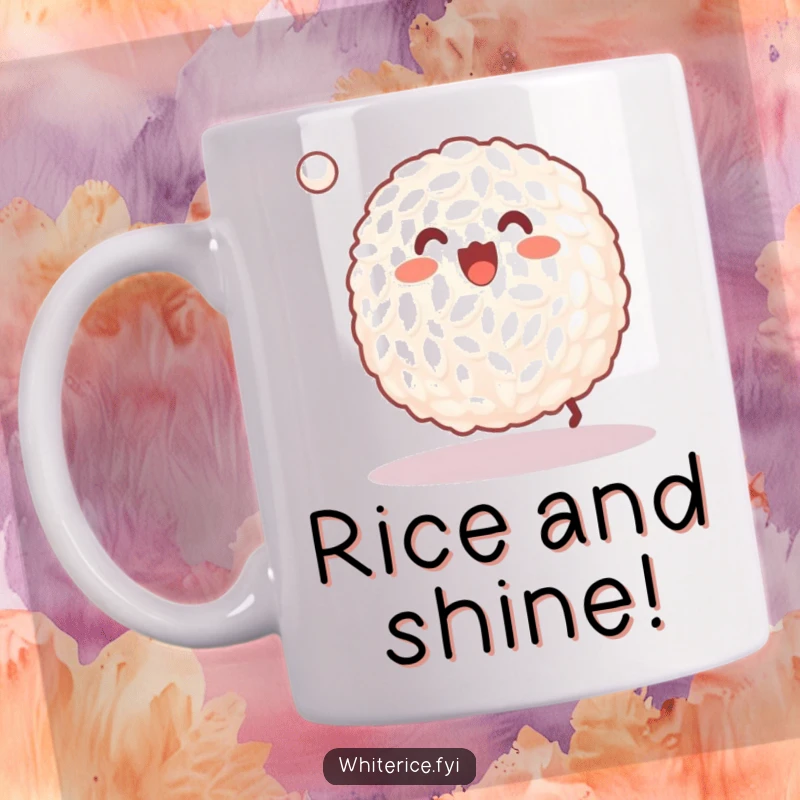 Funny mug of a happy grain of white rice joyfully bouncing a tiny ball, a playful character.