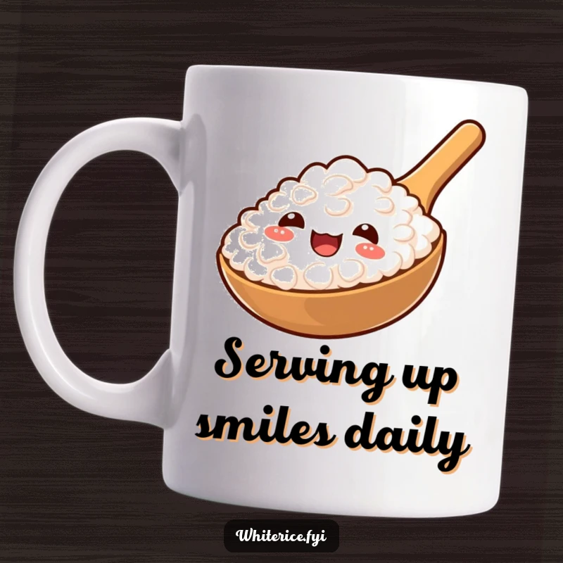 Funny mug featuring a cheerful rice paddle holding a spoonful of fluffy rice, ready to serve happiness.