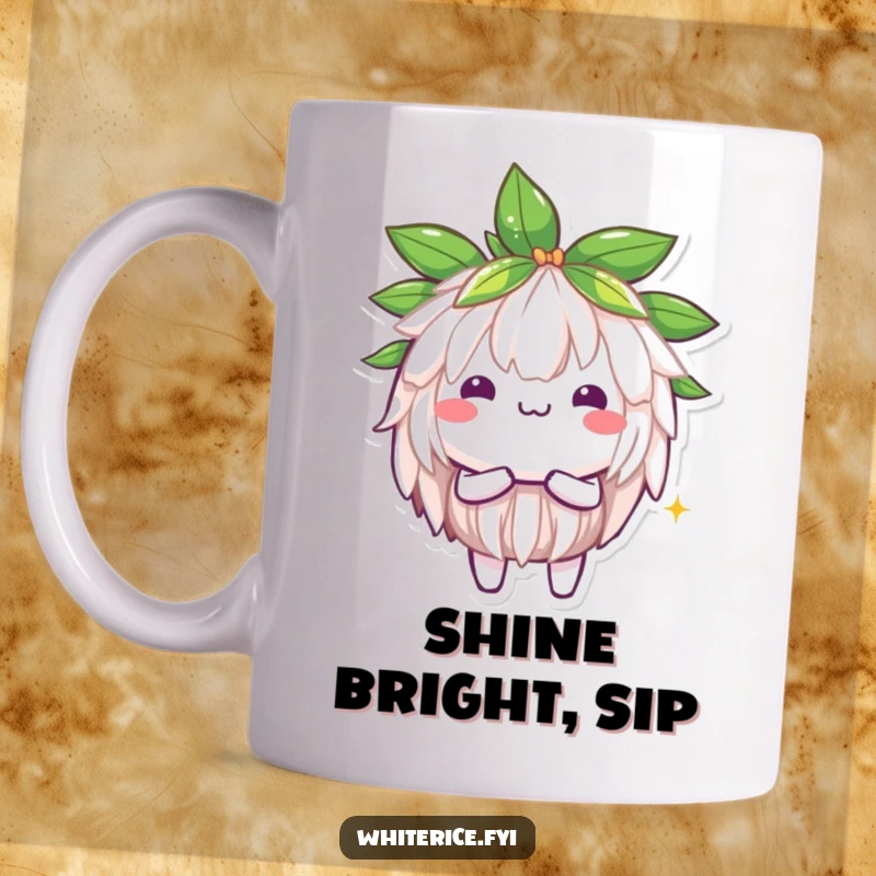 Funny Jasmine Rice Mug: A brilliant Kawaii character shining brightly with positive energy, representing radiance and good fortune, a radiant gift.