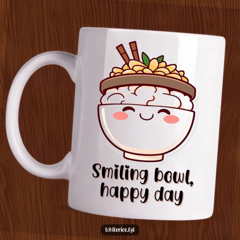 Funny happy rice bowl character mug, beaming with a big smile, radiating pure joy and positive vibes.