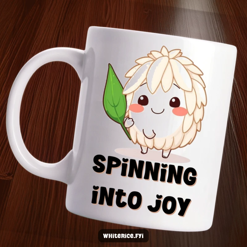 Funny mug featuring a smiling rice character joyfully spinning with a jaunty leaf, exuding pure delight.
