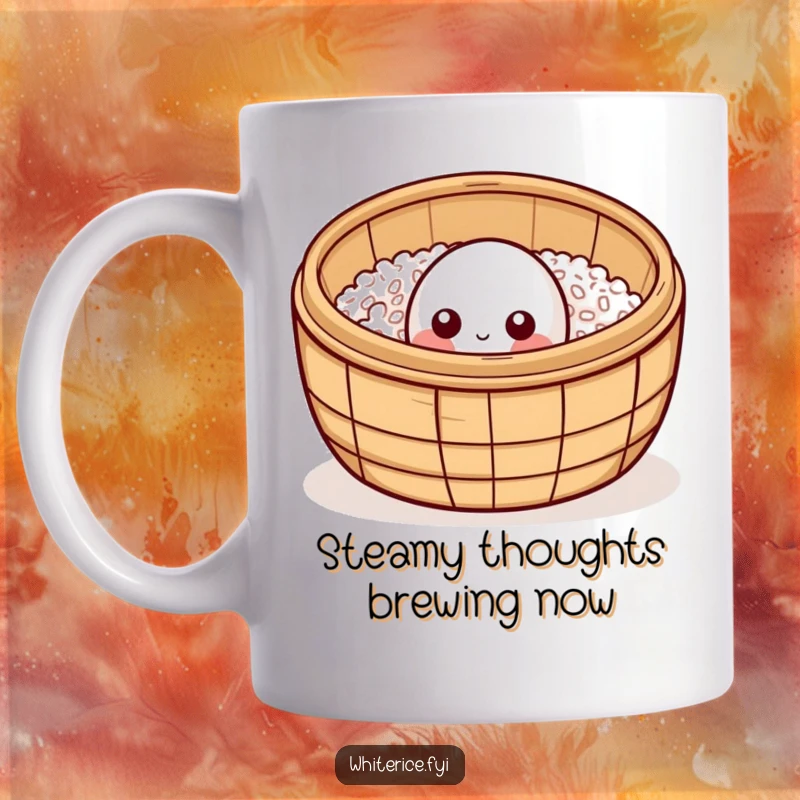 Funny rice grain mug, peeking curiously from a bamboo steamer, cute and kawaii food art.