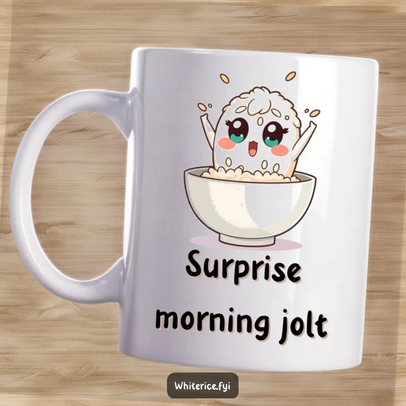 Funny rice mug shows a surprised grain of rice character leaping out of a bowl with wide eyes, expressing shock and humor.