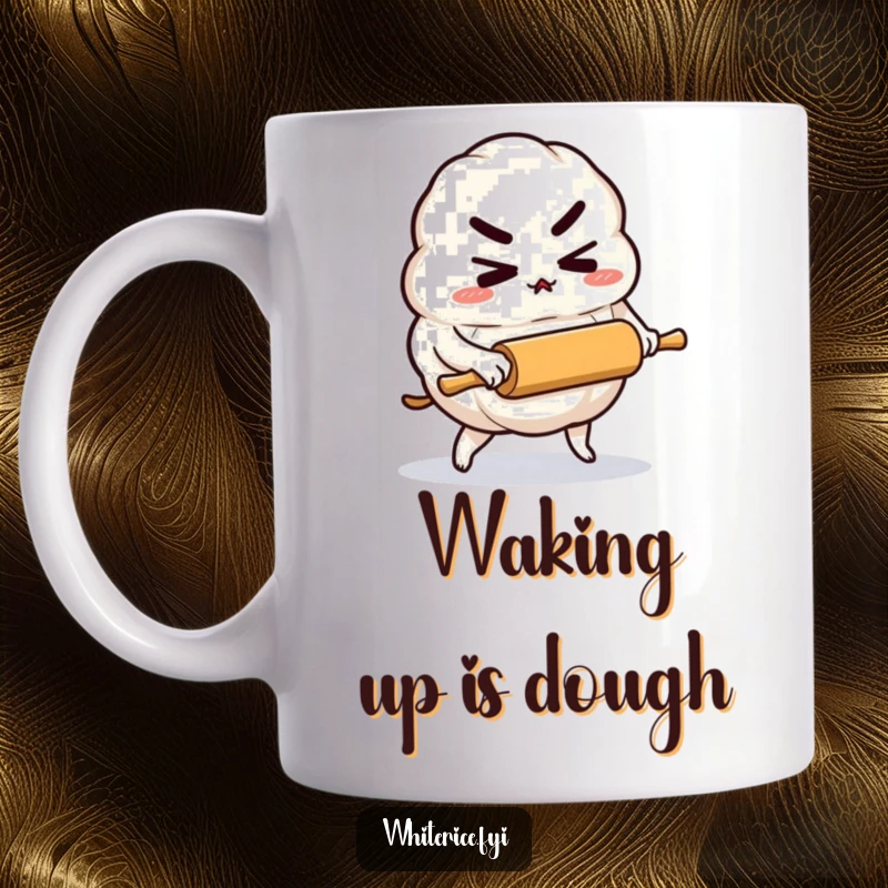 Funny mug showing a determined rice dumpling character actively pushing a tiny rolling pin, symbolizing culinary ambition.