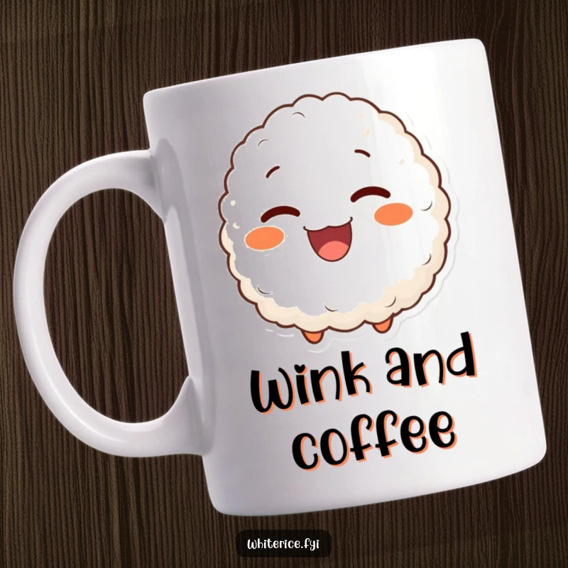 Funny mug featuring a delighted rice ball character giving a charming and joyful wink, a playful and endearing food design.