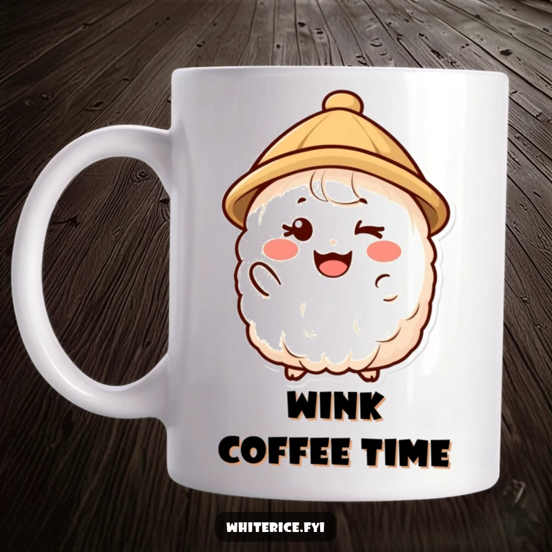 Funny mug featuring a happy rice character in a small hat giving a friendly wink, conveying charm and wit.