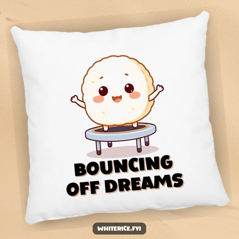 Funny pillow with a giggling rice cake bouncing like a mini trampoline, offering soft comfort and playful energy.