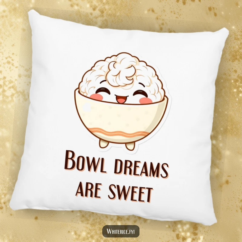 Funny pillow showcasing a delighted, anthropomorphic rice bowl character beaming with satisfaction, perfect for comfort and pure happiness.