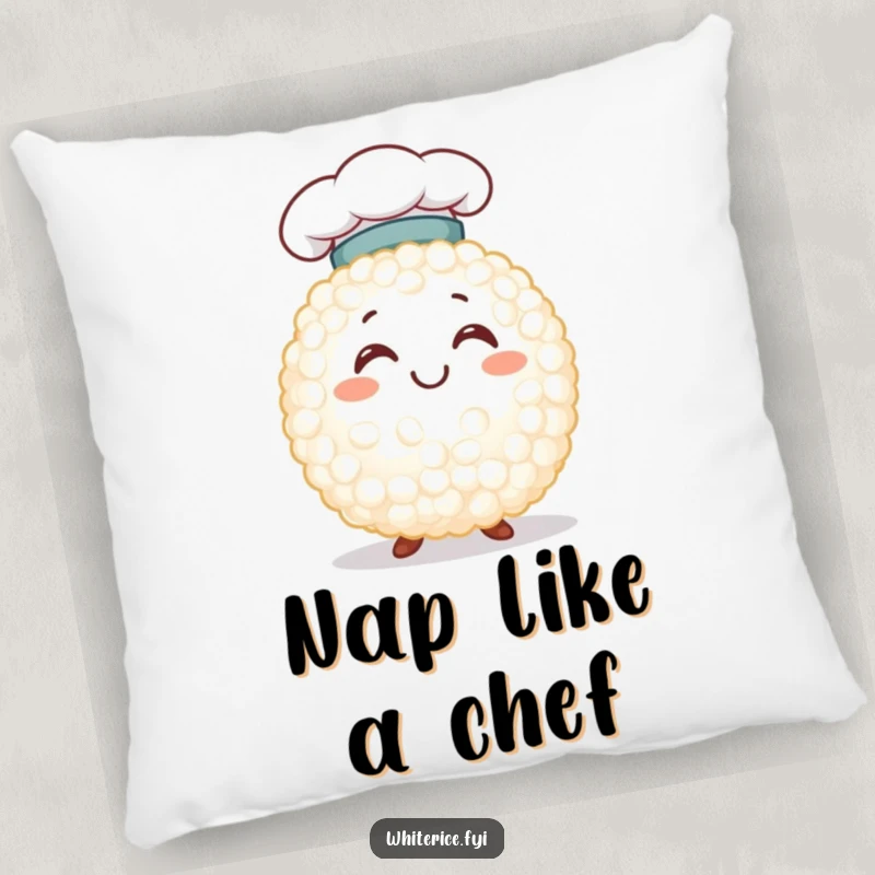 Funny smiling white rice grain character wearing a chef hat, on a soft pillow, offering comfort and a touch of kitchen charm.