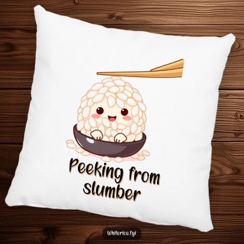 Funny charming white rice grain character peeking from under a chopstick on a soft pillow, offering comfort and shy, playful charm.