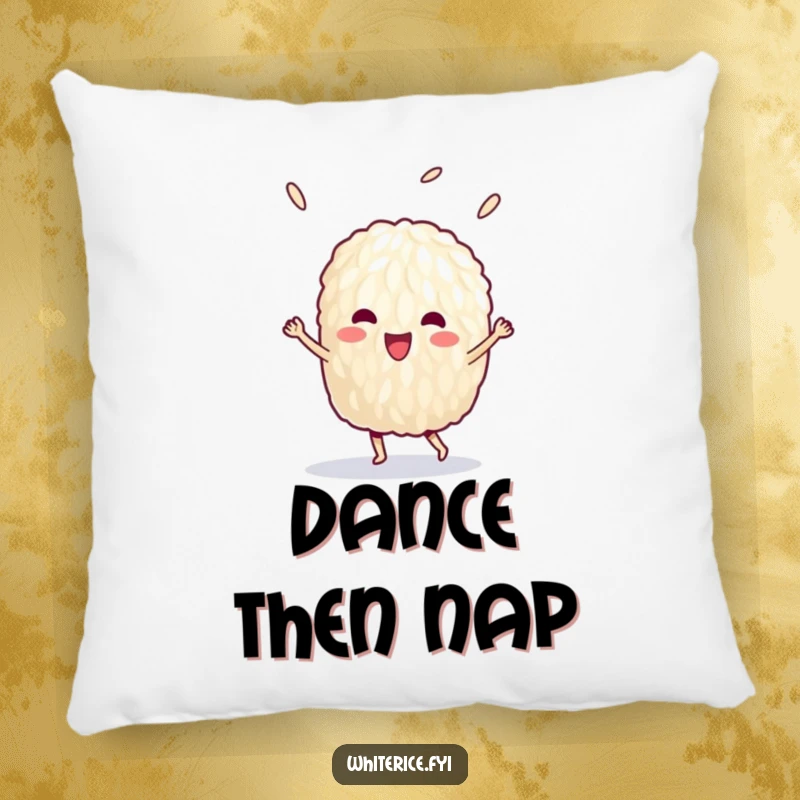 Funny pillow featuring a delighted grain of rice doing a victory dance for ultimate comfort.