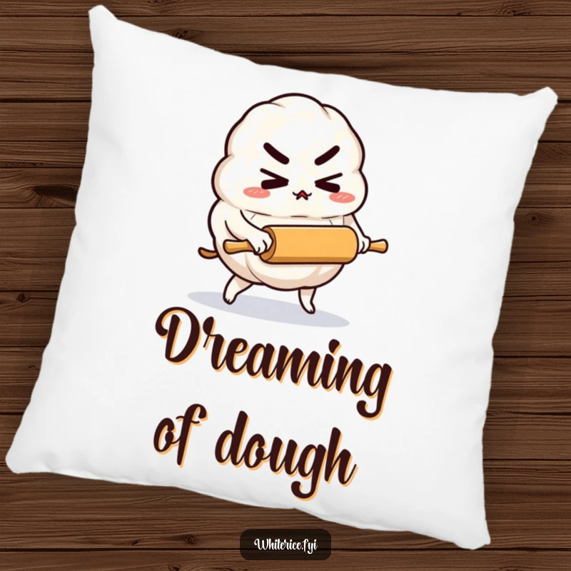Funny pillow showcasing a determined rice dumpling character pushing a tiny rolling pin, offering soft, inspirational comfort.