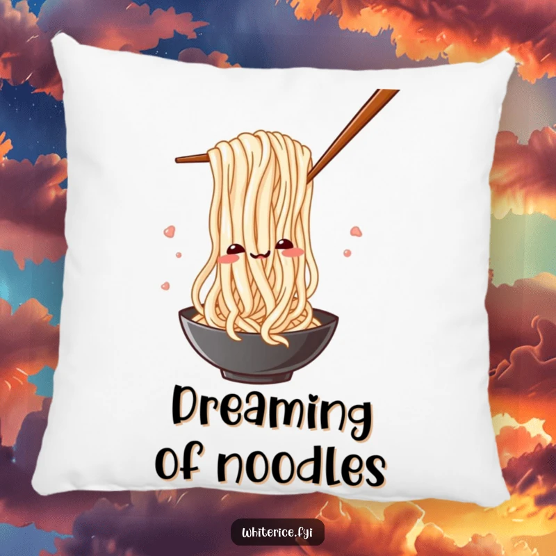 Funny pillow showcasing a silly rice noodle playfully weaving through chopsticks, offering comfort and humor.