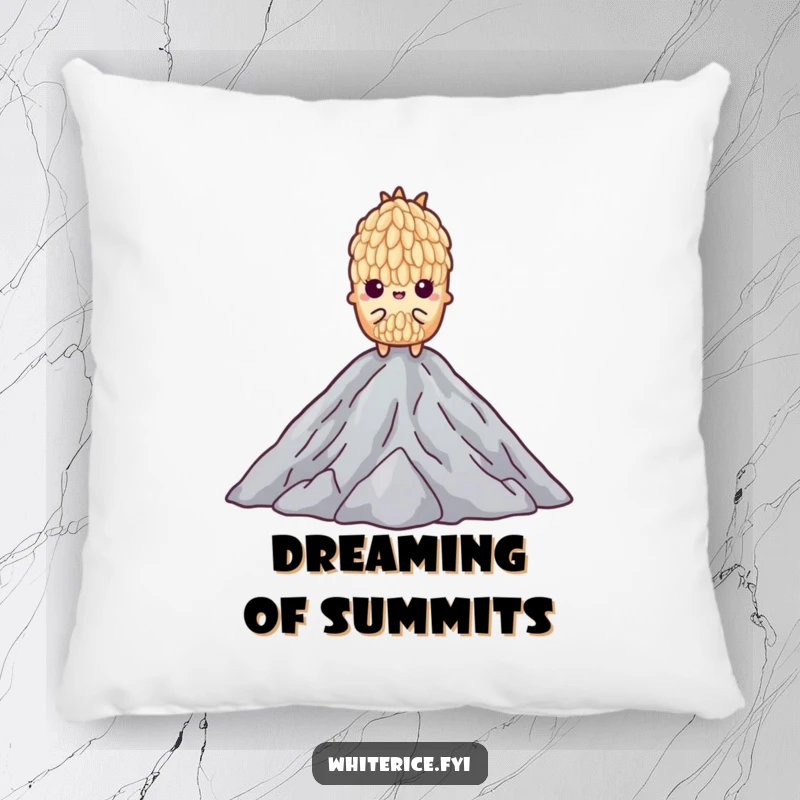 Funny pillow with a determined grain of rice standing tall on a pile of others, offering comfort and motivation.