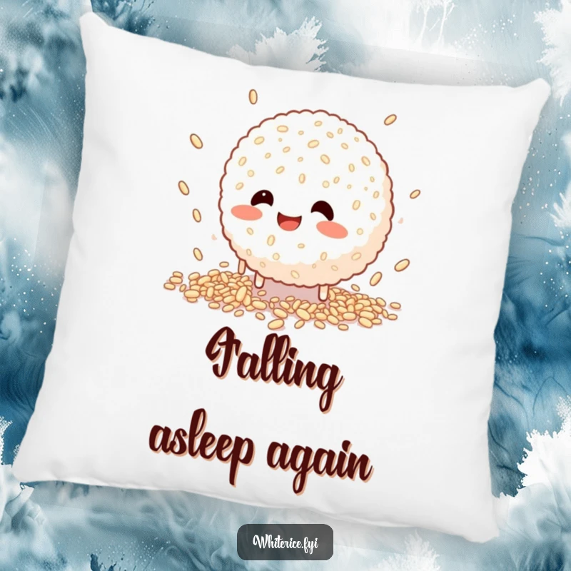 Funny pillow showcasing a happy rice ball character comically trying to catch falling grains, offering soft, humorous comfort.