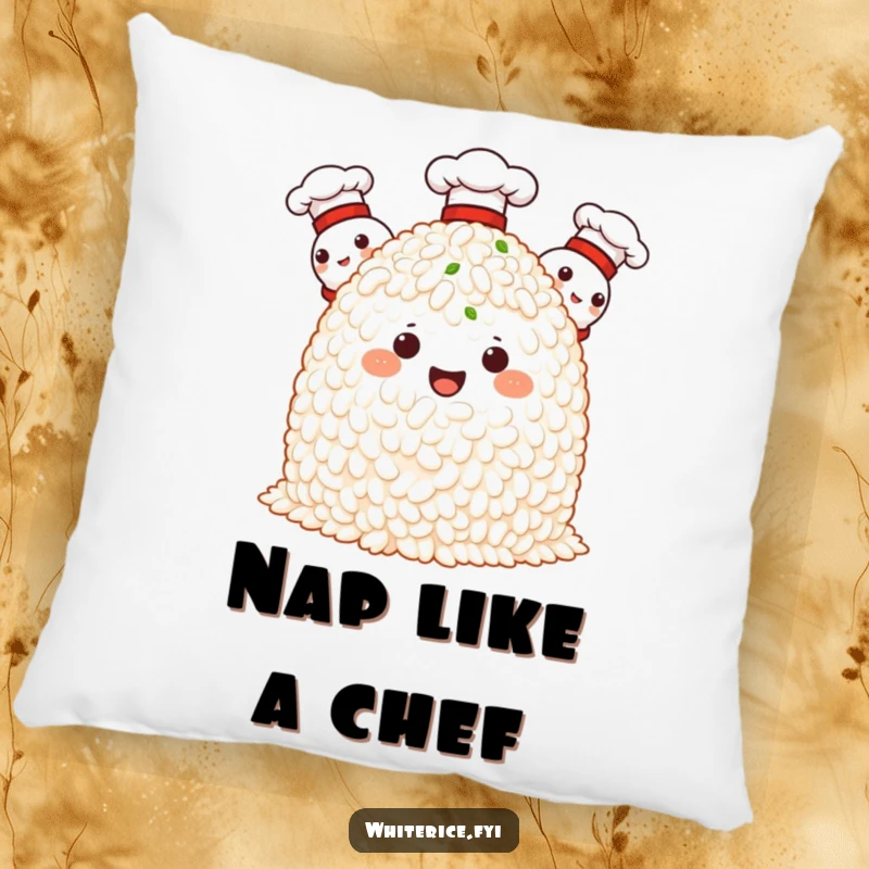 Funny pillow featuring proud rice characters in chef hats, perfect for adding comfort and culinary-themed humor.