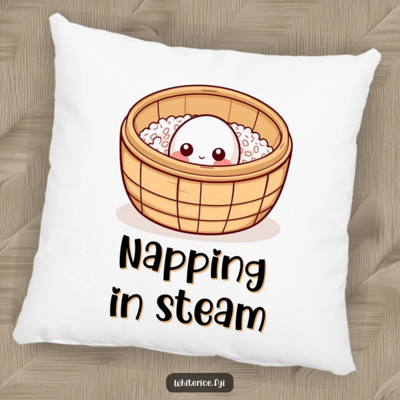 Funny curious rice grain pillow, peeking from bamboo steamer, cute and comfortable home decor accent.